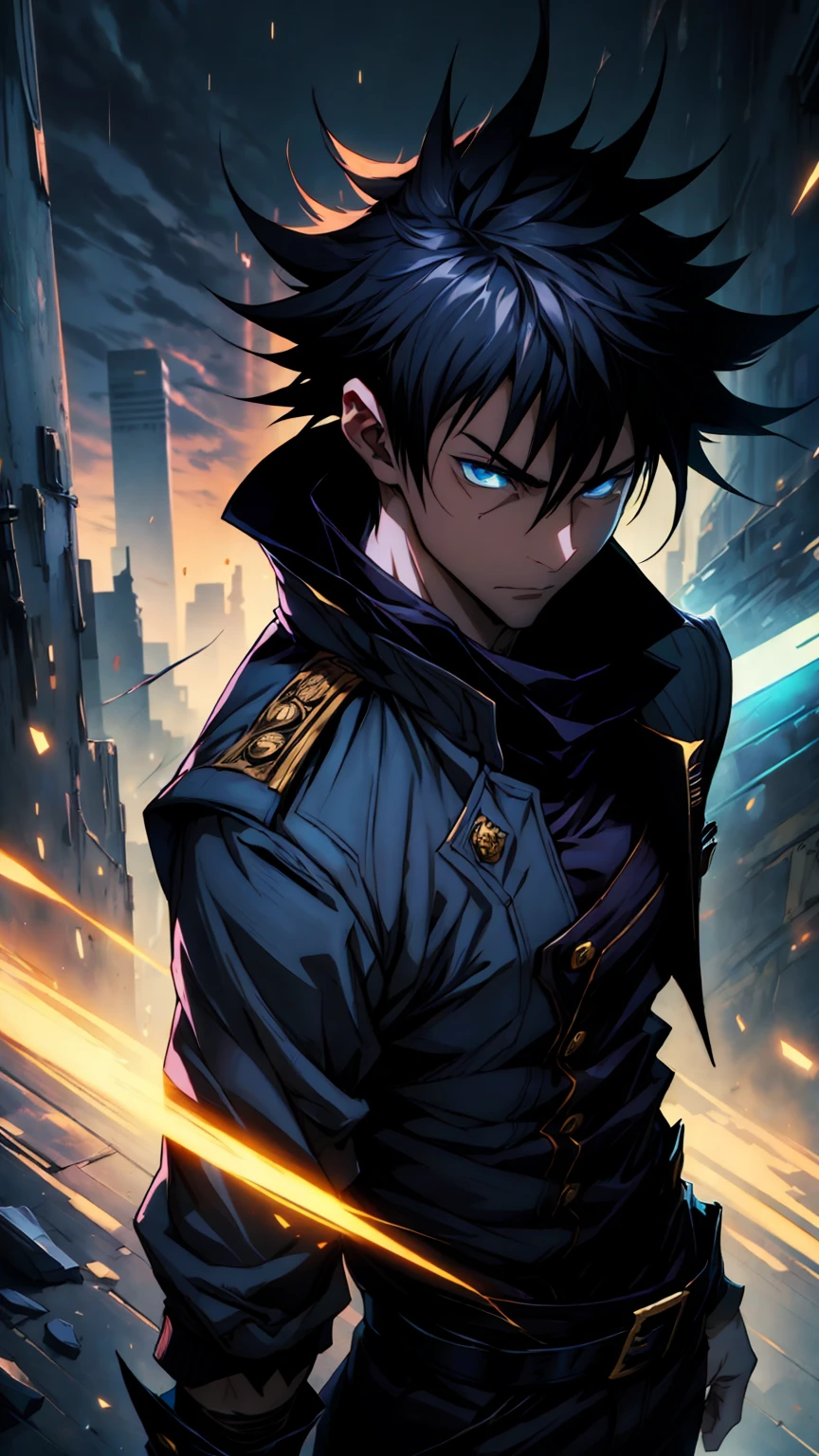 1boy, 175 cm, megumi fushiguro, dark blue eyes, black outfit, black hair with long spikes that jut out in every direction around his head, wearing dark blue jacket over a long-sleeved white dress shirt. His uniform pants match his jacket, dynamic battle pose, blue and dark moon city night background, wallpaper, cinematic,High resolution 8K, Bright light illumination, lens flare, sharpness, masterpiece, top-quality, The ultra -The high-definition, high resolution, extremely details CG, Anime style, Film Portrait Photography,masterpiece,hyperdetail, white and black wolf