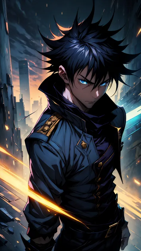 1boy, 175 cm, megumi fushiguro, dark blue eyes, black outfit, black hair with long spikes that jut out in every direction around...