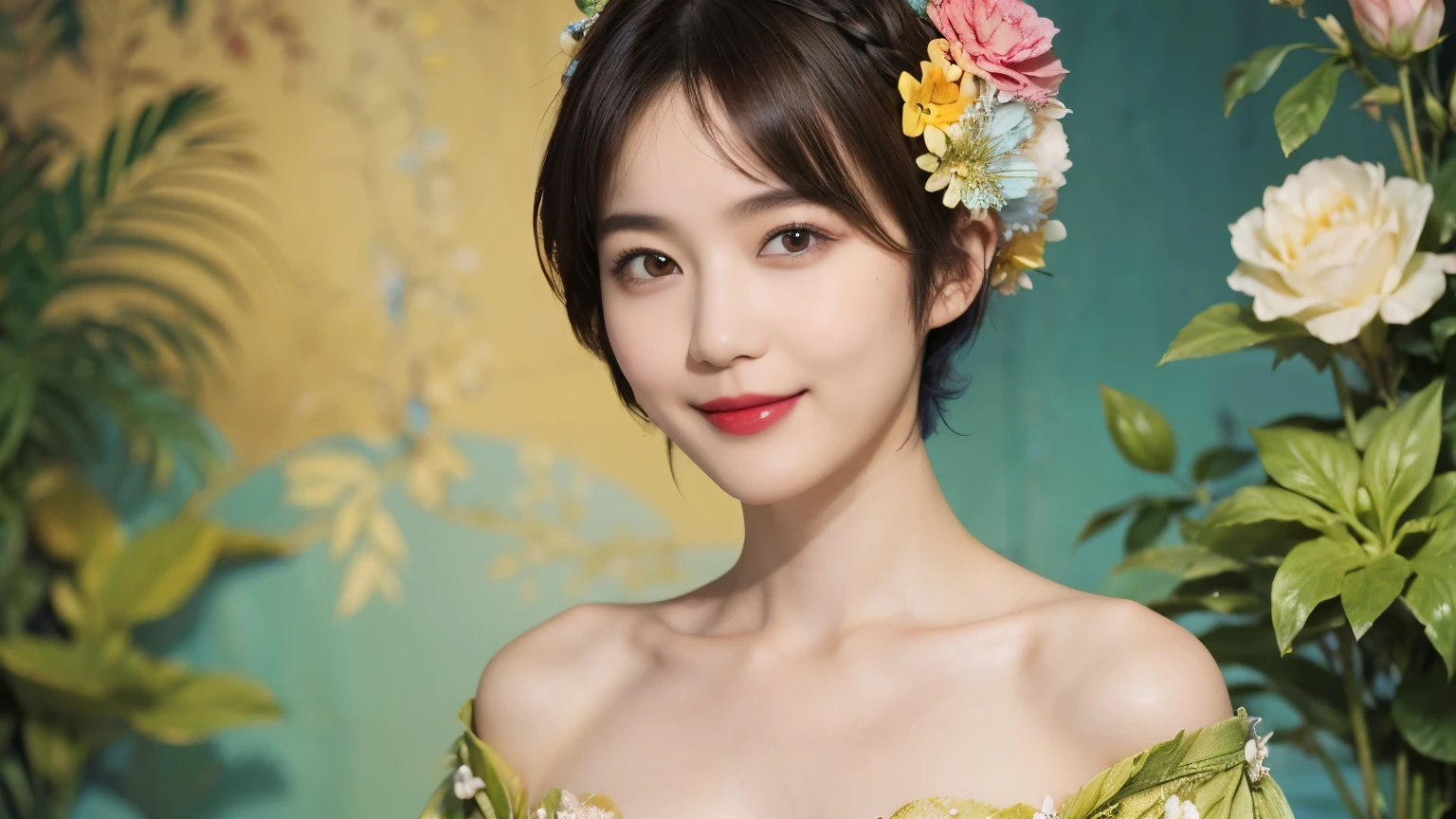 148
(20 year old woman,Floral costume), (surreal), (High resolution), ((beautiful hairstyle 46)), ((short hair:1.46)), (gentle smile), (breasted:1.1), (lipstick)
