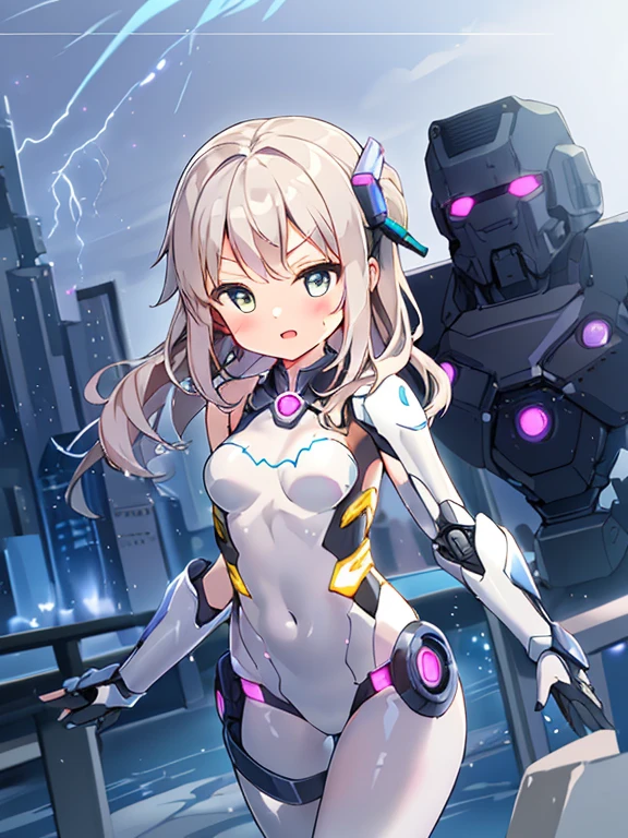 ((masterpiece:1.4、highest quality))+、(super detailed)+、
1 girl、cyberpunk city、flat chest、wavy hair、mecha clothes、(robot girl)、Cool move、Silver Bodysuit、colorful background、Wet day、(lightning effect)、Silver Dragon Armor、(cold face)、cowboy shot、pretty girl