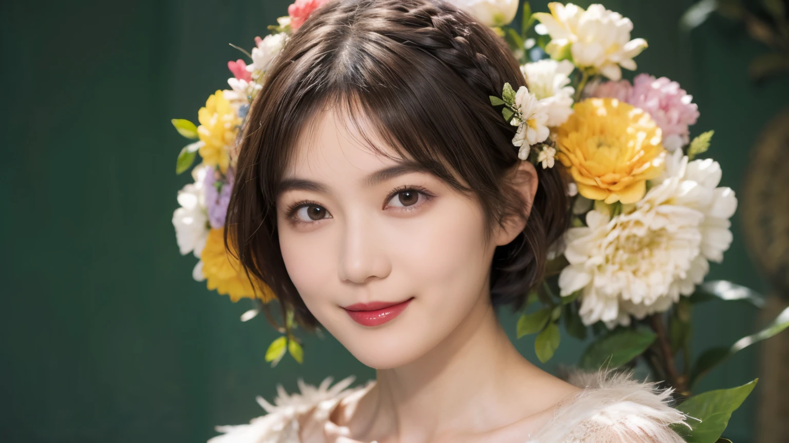 148
(20 year old woman,Floral costume), (surreal), (High resolution), ((beautiful hairstyle 46)), ((short hair:1.46)), (gentle smile), (breasted:1.1), (lipstick)
