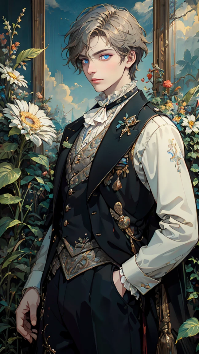 artstudt, (official art, extremely detailed CG unity 8k wallpaper),(1boy:1.3),beautifully detailed eyes, detailed fine nose, detailed fingers, (8k), (best quality), ( masterpiece:1.2), extremely detailed
1 prince, handsome, rococo style, vest, tie, white and black color, flowers, suits, ghile 