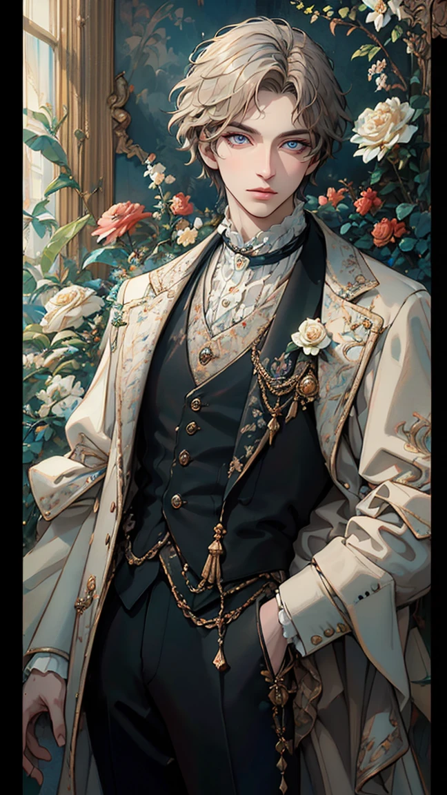 artstudt, (official art, extremely detailed CG unity 8k wallpaper),(1boy:1.3),beautifully detailed eyes, detailed fine nose, detailed fingers, (8k), (best quality), ( masterpiece:1.2), extremely detailed
1 prince, handsome, rococo style, vest, tie, white and black color, flowers, suits, ghile 