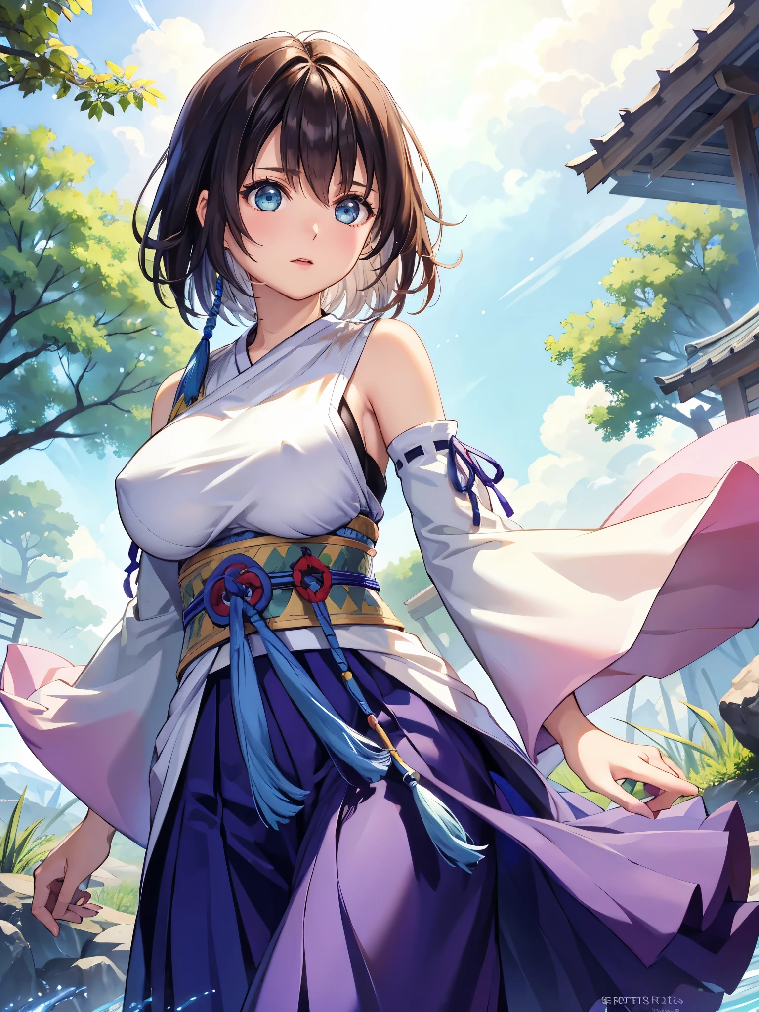 (1 girl),(high quality), (High resolution), (extremely detailed), (8K),(lower body shot),(CG illustration)YunaFFX、heterochromiashort hair,YunaFFX、heterochromia、short hair、YunaOutfit、hair ornaments、Removal sleeve、hakama、band、hakamaスカート、long skirt,(Beautifully erect nipple shape),High resolutionの美しい目,(neutral white lighting:1.2),