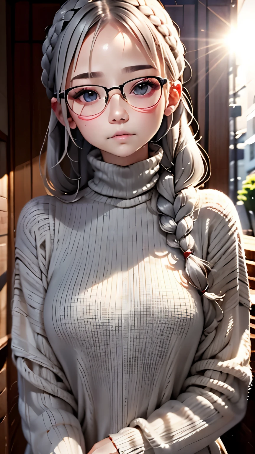 one woman、１4 talents、cozy turtleneck sweater、Upper body angle、Very cute、Perfect good looks、Braid、ash gray hair、glare of the sun、Depth of object being written、blurred background、particles of light、Strange wind、Highest image quality、highest quality、ultra high resolution、master piece