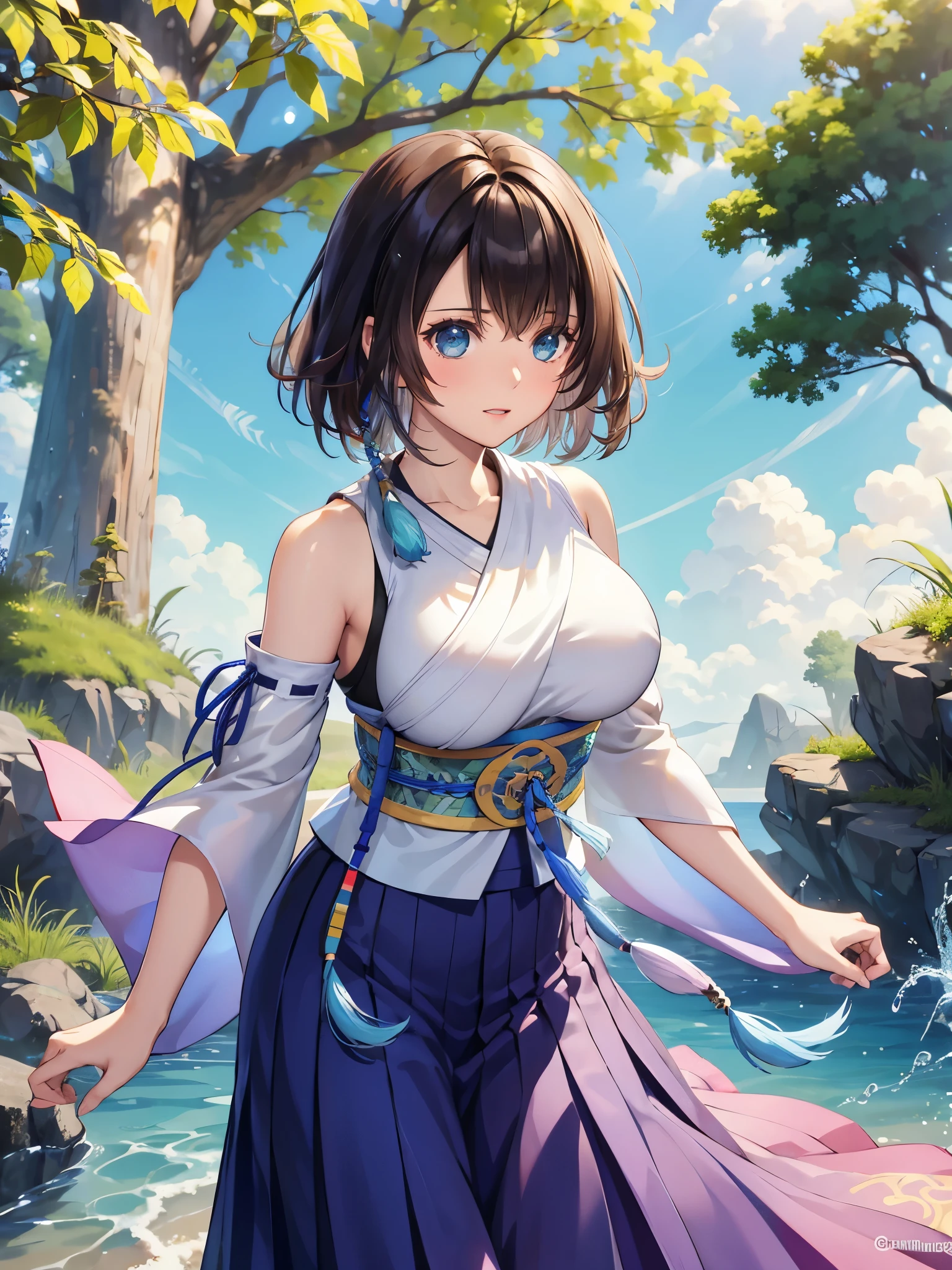 (1 girl),(high quality), (High resolution), (extremely detailed), (8K),(lower body shot),(CG illustration)YunaFFX、heterochromiashort hair,YunaFFX、heterochromia、short hair、YunaOutfit、hair ornaments、Removal sleeve、hakama、band、hakamaスカート、long skirt,(Beautifully erect nipple shape),High resolutionの美しい目,(neutral white lighting:1.2),dancing,Clothes are sheer