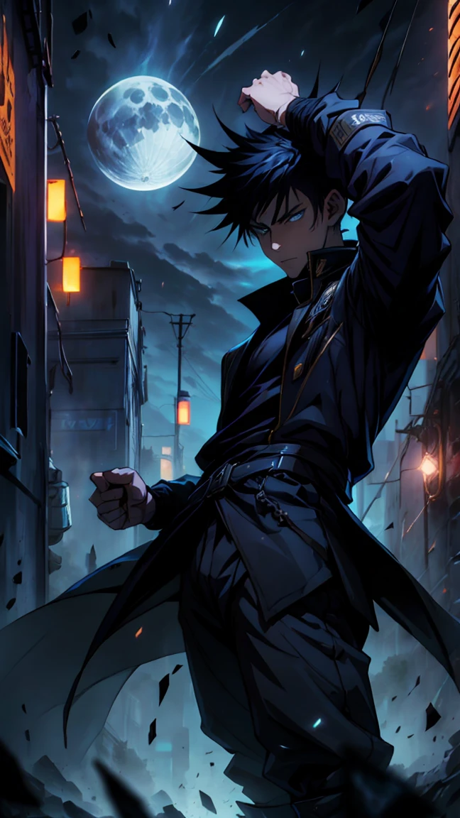 1boy, 175 cm, megumi fushiguro, dark blue eyes, black outfit, black hair with long spikes that jut out in every direction around his head, wearing dark blue jacket over a long-sleeved white dress shirt. His uniform pants match his jacket, dynamic battle pose, blue and dark moon city night background, wallpaper, cinematic,High resolution 8K, Bright light illumination, lens flare, sharpness, masterpiece, top-quality, The ultra -The high-definition, high resolution, extremely details CG, Anime style, Film Portrait Photography,masterpiece,hyperdetail, white and black wolf