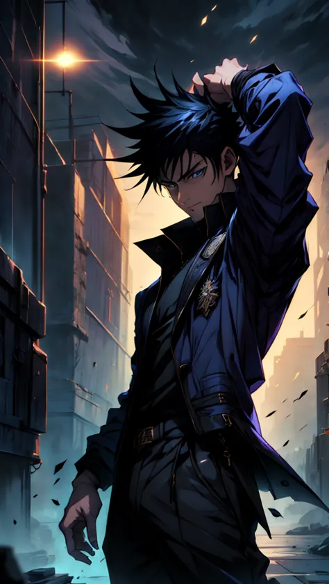 1boy, 175 cm, megumi fushiguro, dark blue eyes, black outfit, black hair with long spikes that jut out in every direction around...