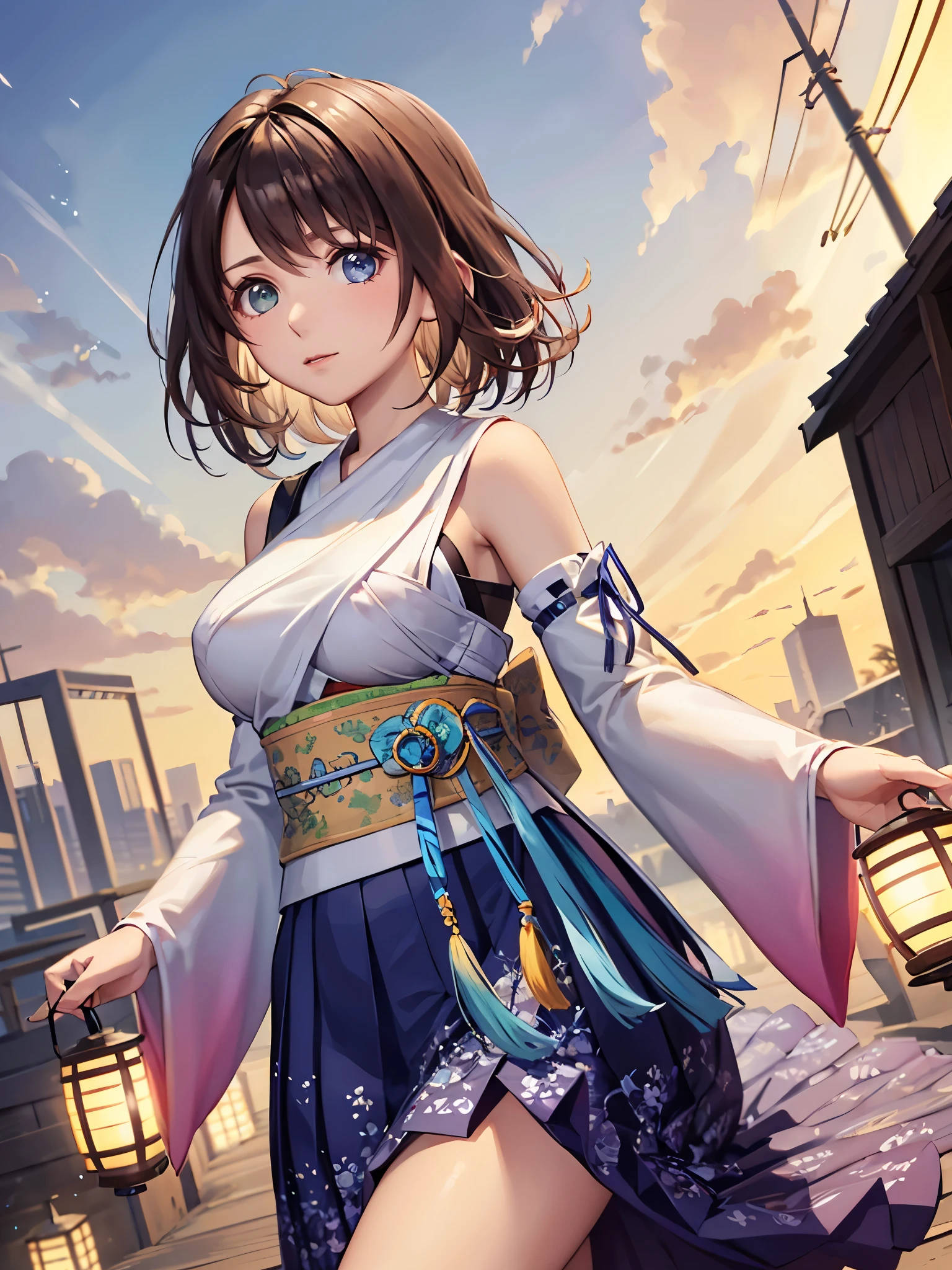 (1 girl),(high quality), (High resolution), (extremely detailed), (8K),(upper body shot),transparent outfit,(CG illustration)YunaFFX、heterochromiashort hair,YunaFFX、heterochromia、short hair、YunaOutfit、hair ornaments、Removal sleeve、hakama、band、hakamaスカート、long skirt,(Beautifully erect nipple shape),High resolutionの美しい目,(neutral white lighting:1.2),dancing,