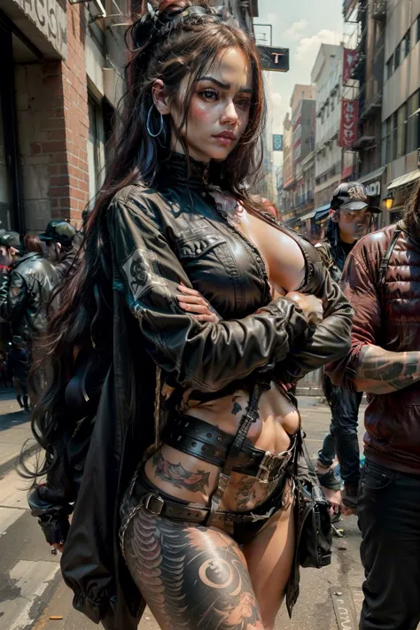 Sexy girl, gangster girl, perfect body, medium breast, long black hair, unbuttoned blouse, metalhead, streetwear clothes, grunge, crossing arms, fight pose