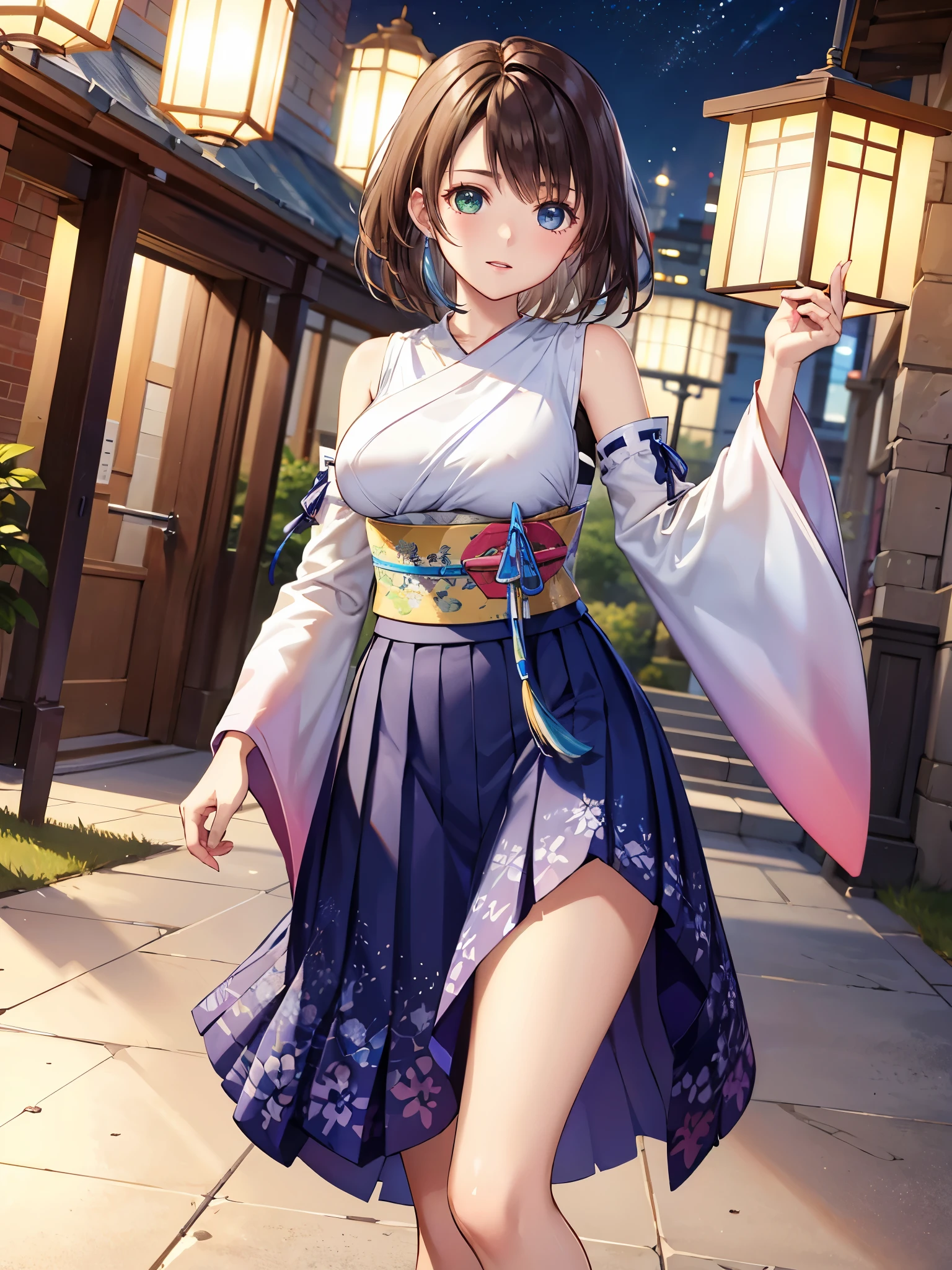 (1 girl),(high quality), (High resolution), (extremely detailed), (8K),(focus on lower body),transparent outfit,(CG illustration)YunaFFX、heterochromiashort hair,YunaFFX、heterochromia、short hair、YunaOutfit、hair ornaments、Removal sleeve、hakama、band、hakamaスカート、long skirt,(Beautifully erect nipple shape),High resolutionの美しい目,(neutral white lighting:1.2),dancing,