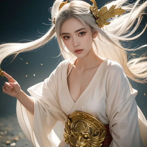 Martial arts，Female swordsman，Beautiful fairy face，Half-covered face with gold，mask，17 years old，hair bleached，clothing slim fit