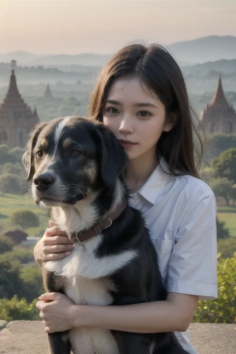 ((best quality)), ((masterpiece)), (detailed), a girl, a dog, bagan landscape