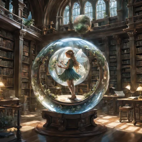 Fantasy image,(a glass sphere in a library reflects a fairy in that library while she is drawing the glass sphere),centered,ultr...