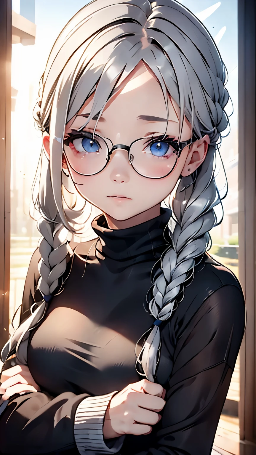 one woman、１4 talents、cozy turtleneck sweater、Upper body angle、Very cute、Perfect good looks、Braid、ash gray hair:1.5、glare of the sun、Depth of object being written、blurred background、particles of light、Strange wind、Highest image quality、highest quality、ultra high resolution、master piece