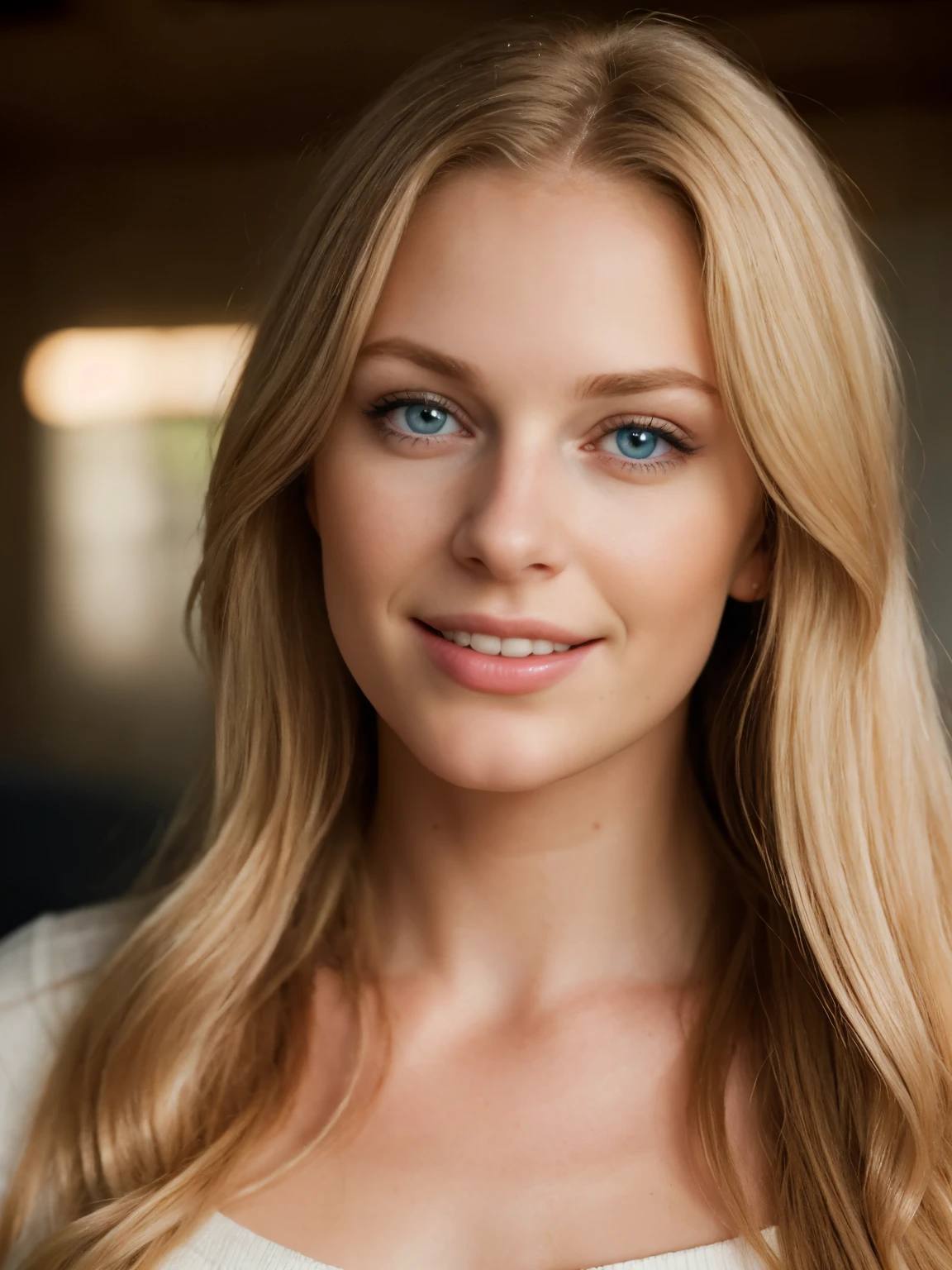 A close up of a woman with long blonde hair and blue eyes - SeaArt AI