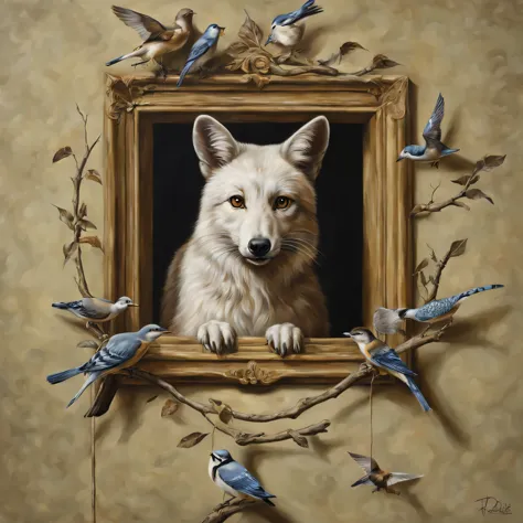 trompe l'oeil,Three-dimensional,3D,masterpiece,Animals that stick out from the picture,Connect part of the picture with reality,...