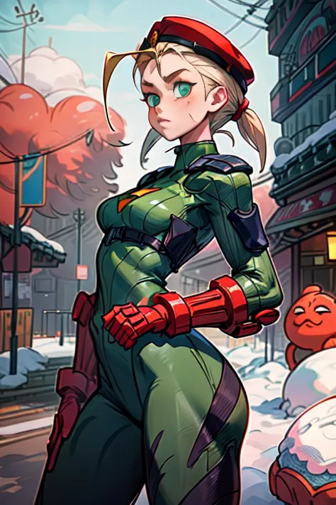 a woman in a green bodysuit and red hat standing in the snow, cammy, extremely detailed artgerm, cutesexyrobutts, style artgerm,...