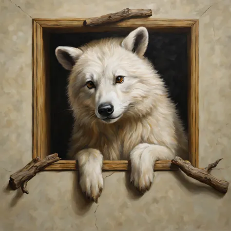 trompe l'oeil,Three-dimensional,3D,masterpiece,Animals that stick out from the picture,Connect part of the picture with reality,...