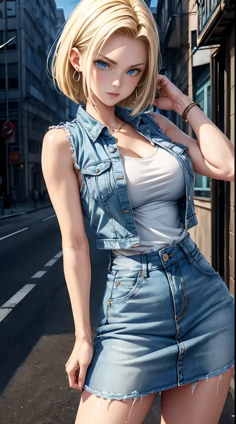 highest quality, High resolution, Artificial Man No. 18, 1 girl, android 18, alone, blonde hair, blue eyes, The hairstyle is one...