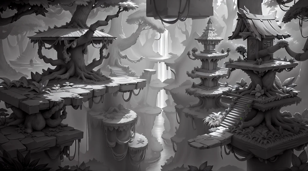 WhiteboxStyle forest Temple: platforms, elven architecture, treehouse platforms, tribal rituals, waterfall dives. monochrome