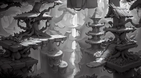 whiteboxstyle forest temple: platforms, elven architecture, treehouse platforms, tribal rituals, waterfall dives. monochrome