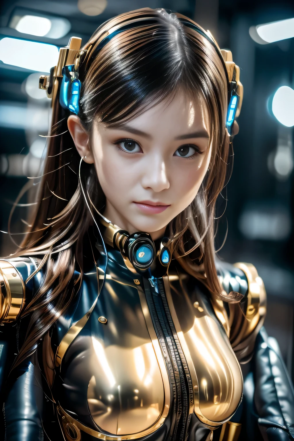 (masterpiece:1.3), (8K), (highest quality:1.4), (UHD:1.2), (realistic:1.3), (Raw photo), (1cyborg girl), (Ultra high definition), (detailed face), very perfect beautiful and cute face, (fine hair), beautiful hair, bangs, (symmetrical eyes:1.3), (fine eyes), (fine skin), realistic skin, shiny skin, ultra high resolution, (medium breasts), (slim body shape), (super model figures), 20 years, Japanese, 

( cyborg, android, gynoid cyborg body, perfect cyborg woman, machine arm:1.5, futuristic short headset ), Walking through the Cyber City