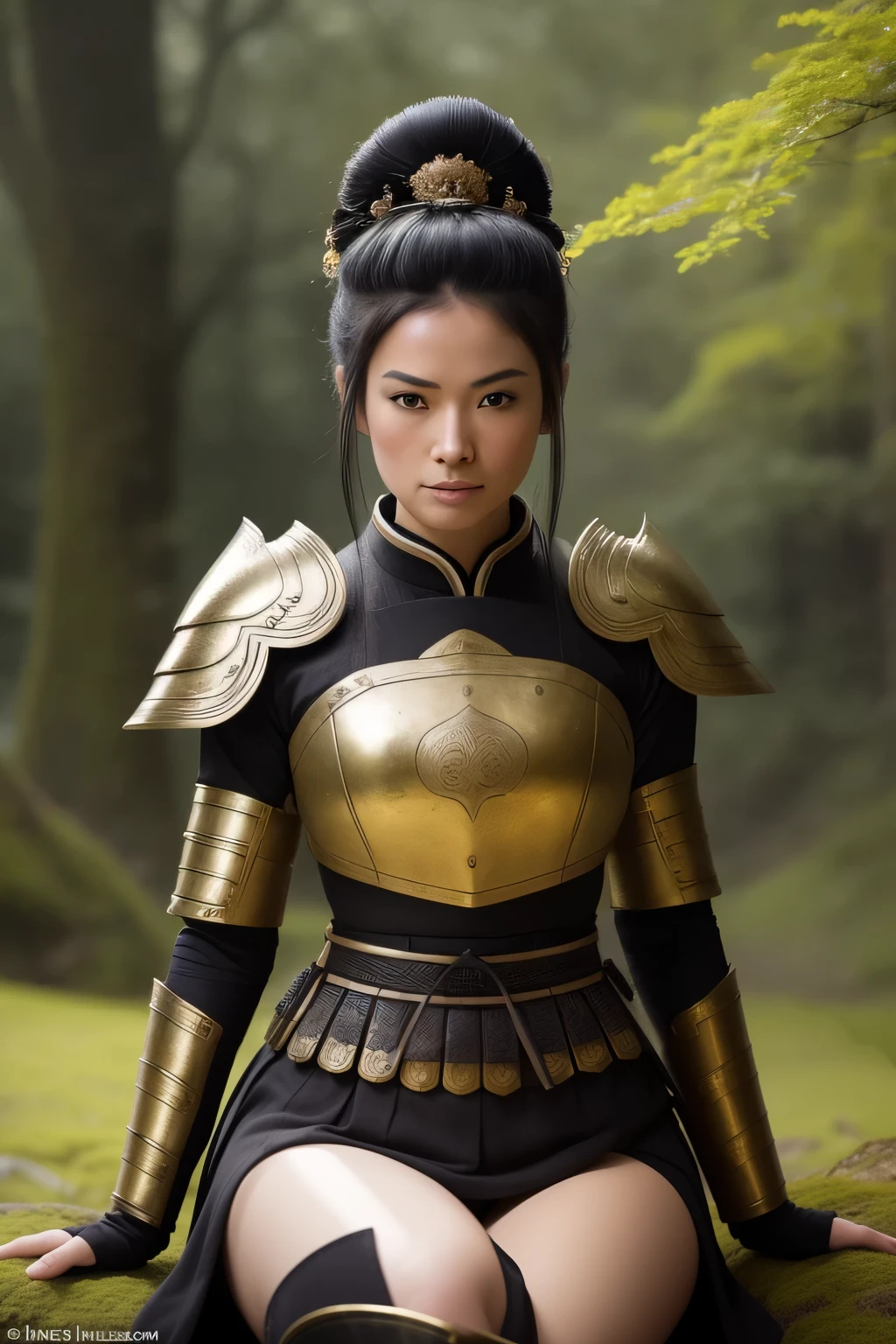 A captivating depiction of a samurai girl, clad in traditional armor with a serene expression. Her jet-black hair, tied high in an intricate updo, frames a delicate, oval face with a defined jawline and almond-shaped eyes that gleam with determination. Her armor, adorned with intricate patterns and metallic sheen, reveals muscular arms and a slim, form-fitting figure. Sitting on a moss-covered stone, she gracefully wields her sword, the sun casting cinematic lighting upon her, illuminating every detail and textured surface. The scene, rendered in a loose painting style, exudes a sense of tranquility