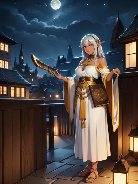 grayish silver and gold clothing, tall elf girl, dark skin, playing the lyre on a roof, night, medieval city, smiling to the vie...