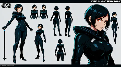 woman, black suit, space suit, character design sheet, different poses, different angles, concept art, star war, Sith, orange eyes, short black hair