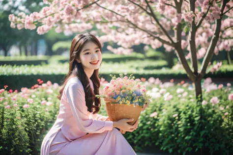aodai, smile, photographed on a Nikon Z7 II Mirrorless Camera,120mm F/4 wide-angle
a woman in a pink dress  with flowers in it a...