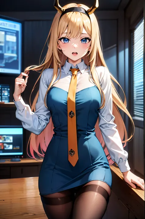 masterpiece, best quality, highres, sexy anime girl, long hair, horns, hairband, nerd gaming uniform, orange necktie, blue dress...