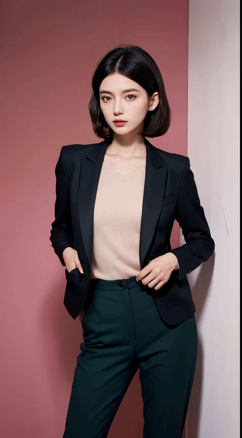 Vogue style photoshoot, Clarity, 4k, 8k, detail, actual, Beautiful Girl, wear dark pastle blazer, inner wear, pastle pants, black lips, dark hair mullet haircut, Perfect body, thigh, stand, pose standing, medium chest, Wes Anderson style, pastle color background in Wes Anderson style