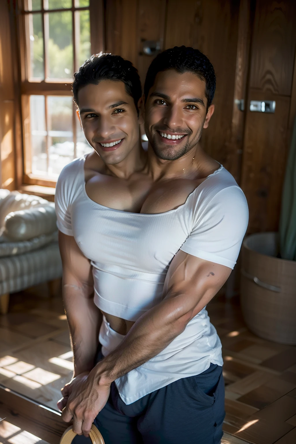 Two men posing for a picture in a room with wood floors - SeaArt AI