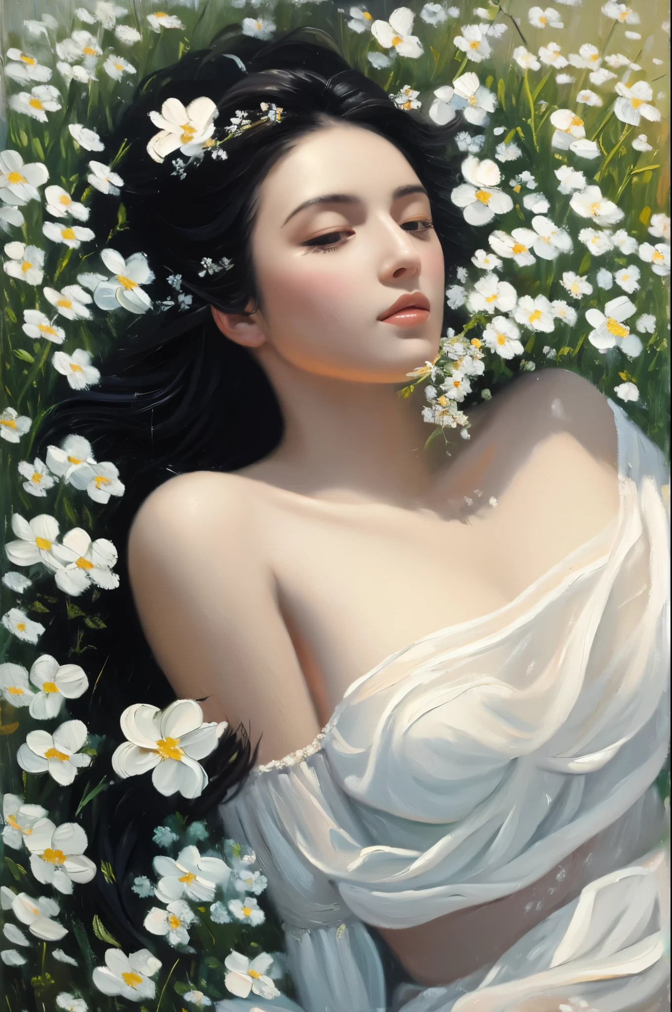  (oil painting:1.5), a woman with long black hair and white flowers in her hair is laying down in a field of white flowers, (amy sol:0.248), (stanley artgerm lau:0.106), (a detailed painting:0.353), (gothic art:0.106)