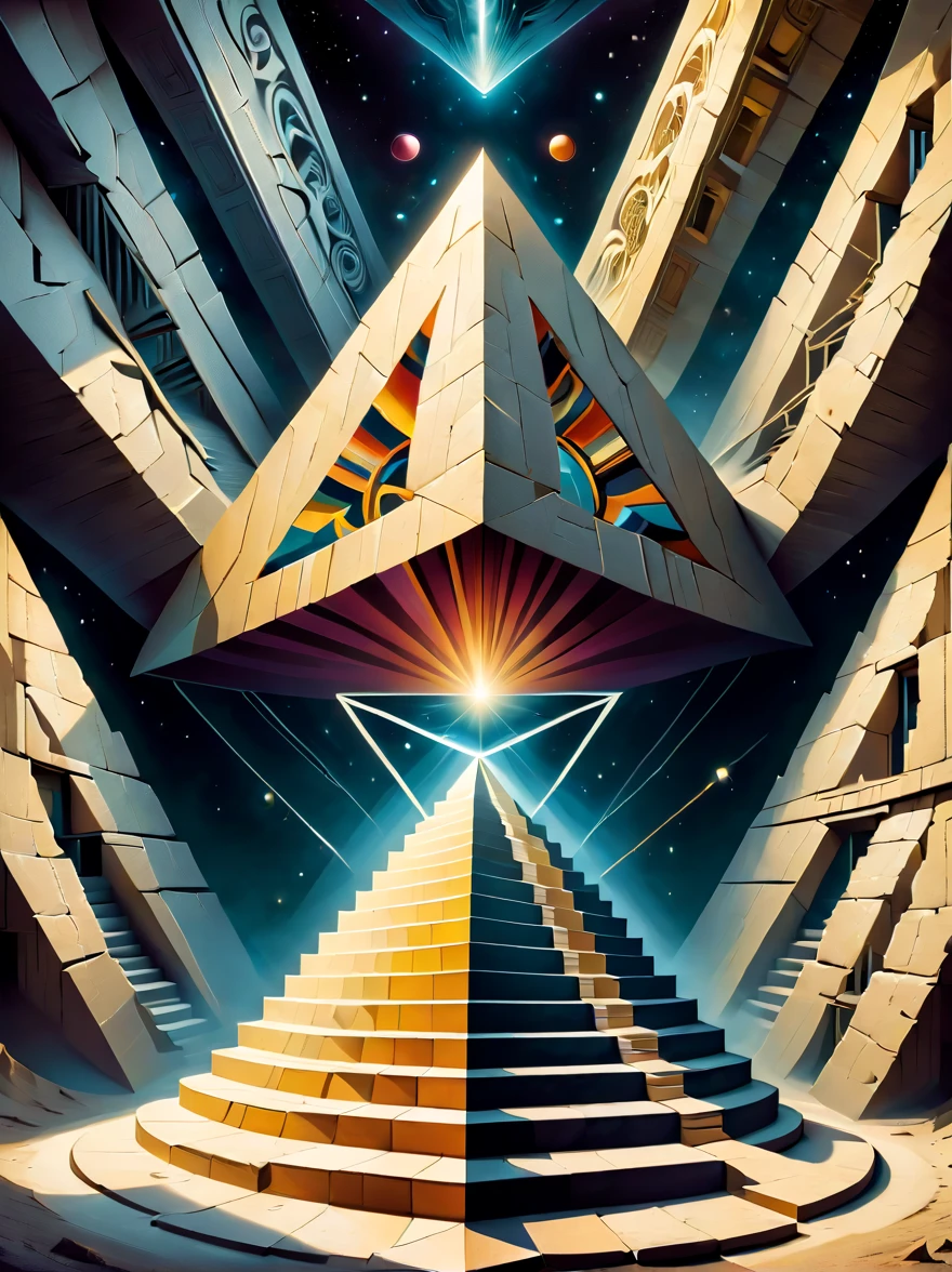 Create two images featuring optical illusions. The first image should include a classic impossible triangle, creating a visual paradox that challenges perception. The second image should be a play of perspective, where stairs seem to ascend and descend simultaneously, leading nowhere and everywhere. Both images should be designed to intrigue and confuse the viewer, using a combination of geometric shapes, lines, and contrasting colors to enhance the illusionary effect. These optical illusions should be visually striking and mind-bending, capturing the essence of visual trickery.