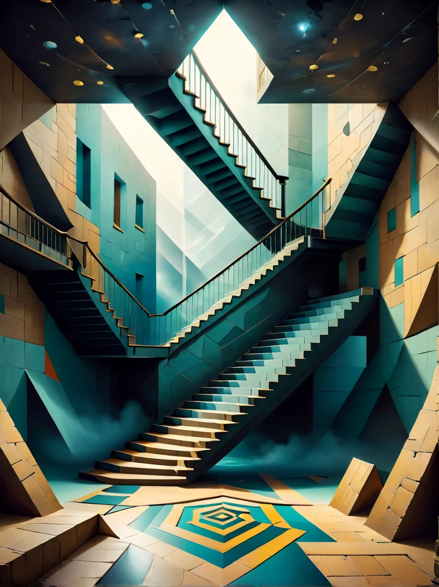 Create two images featuring optical illusions. The first image should include a classic impossible triangle, creating a visual paradox that challenges perception. The second image should be a play of perspective, where stairs seem to ascend and descend simultaneously, leading nowhere and everywhere. Both images should be designed to intrigue and confuse the viewer, using a combination of geometric shapes, lines, and contrasting colors to enhance the illusionary effect. These optical illusions should be visually striking and mind-bending, capturing the essence of visual trickery.