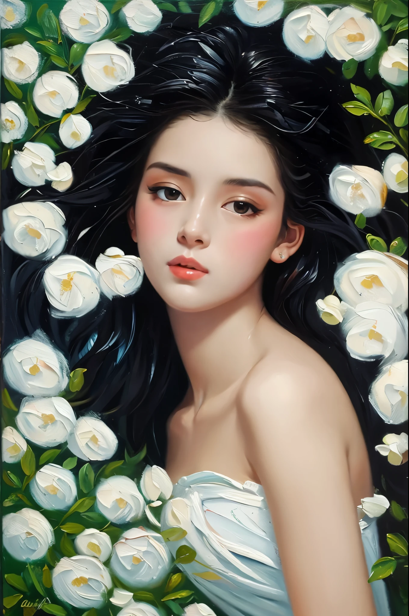 (oil painting:1.5), a woman with long black hair and white flowers in her hair is laying down in a field of white flowers, (amy sol:0.248), (stanley artgerm lau:0.106), (a detailed painting:0.353), (gothic art:0.106)