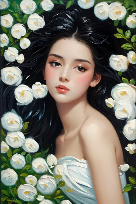 (oil painting:1.5), a woman with long black hair and white flowers in her hair is laying down in a field of white flowers, (amy ...