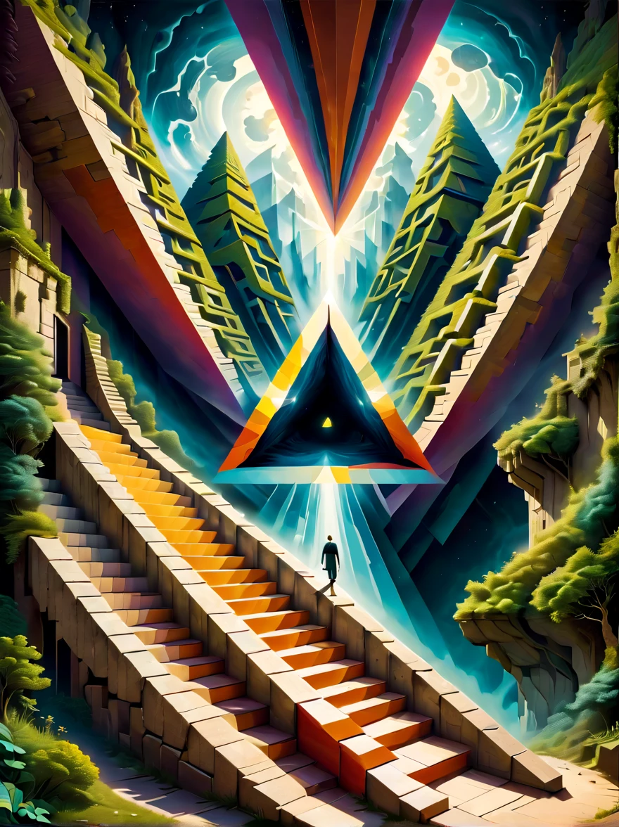 Crea dos imágenes con ilusiones ópticas.. La primera imagen debe incluir un clásico triángulo imposible., creando una paradoja visual que desafía la percepción. La segunda imagen debería ser un juego de perspectiva., donde las escaleras parecen subir y bajar simultáneamente, llevando a ninguna parte y a todas partes. Ambas imágenes deben estar diseñadas para intrigar y confundir al espectador., Uso de una combinación de formas geométricas, líneas, y colores contrastantes para realzar el efecto ilusorio. Estas ilusiones ópticas deben ser visualmente impactantes y alucinantes., Capturando la esencia del engaño visual..