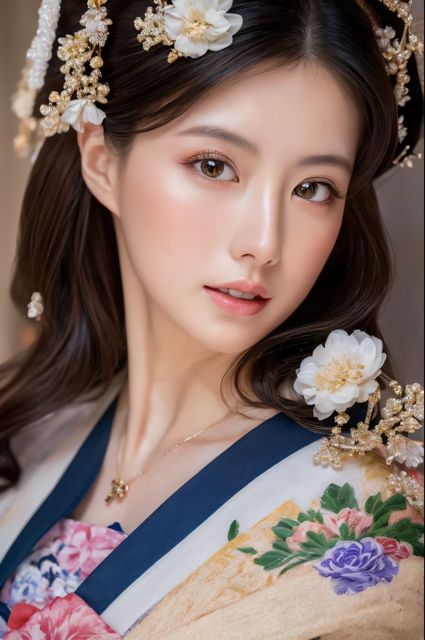 Hyper-Realism, (Photorealsitic:1.4), 8K, maximum resolution, (​masterpiece), highly detailed, Professional, best quality, Refined face, beautiful woman, detailed beautiful eyes and lip, beautiful face, idol face, full body, whole body, Traditional kimono, Graceful fan movement, Tranquil expression