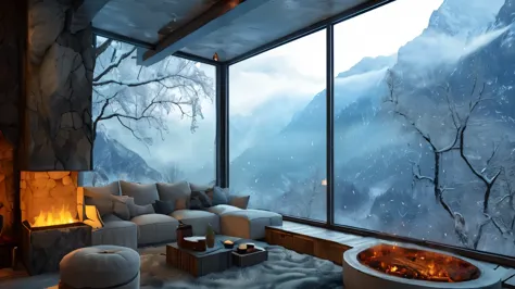 arafed view of a living room with a fireplace and a large window, unreal engine realistic render, integrated in the mountains, r...