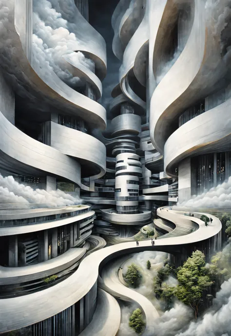 optical illusion，Sujiko Yoshii《architecture》, Ethereal cloudscape style, spiral, photorealistic rendering, minimalist stage desi...
