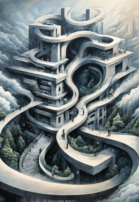 optical illusion，Sujiko Yoshii《architecture》, Ethereal cloudscape style, spiral, photorealistic rendering, minimalist stage desi...