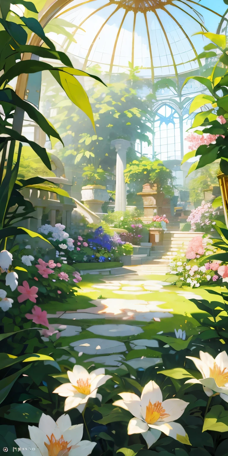 (mais alta qualidade, Obra de arte, super realista), jardim botânico interno, cúpula, muitas flores, denso aglomerado de plantas, O cenário de fundo é um jardim com pétalas e puffs voando por aí.. --v6