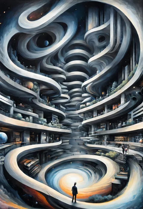 optical illusion，Fisheye effect，Sujiko Yoshii《architecture》, Ethereal cloudscape style, spiral, photorealistic rendering, minima...
