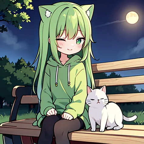 she is sitting on a bench in the park。she has short yellow-green hair、there is a person in the park wearing a green hoodie and a...