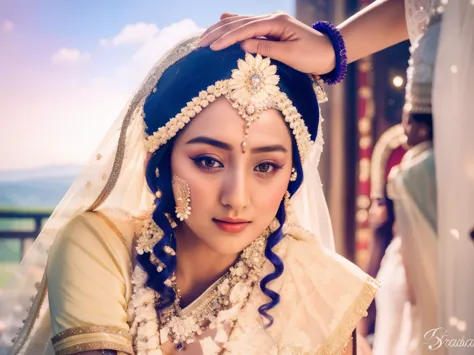 a close up of a woman in a bridal dress with a man in the background, traditional beauty, edited, fanart, of indian princess, ac...