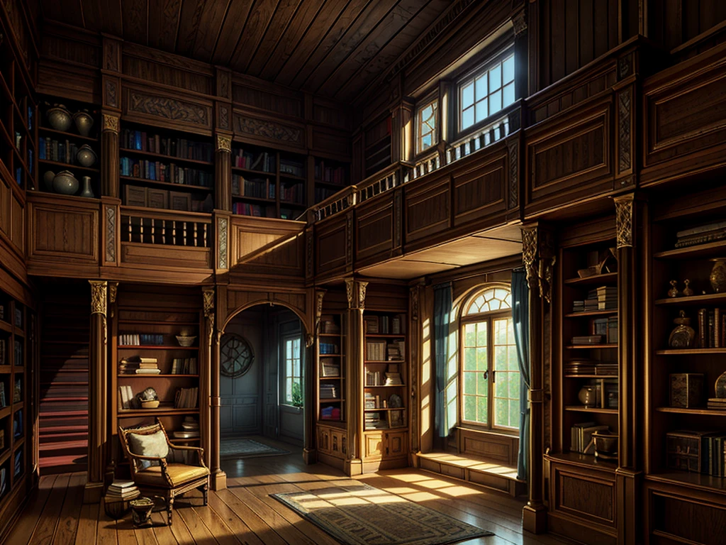 （（（masterpiece、Highest image quality、highest quality、highly detailed unity 8ｋwallpaper）））、（（（fantasy、grand library）））、（Lined bookshelves、complex and three-dimensional room）、high ceilings、dimly lit room