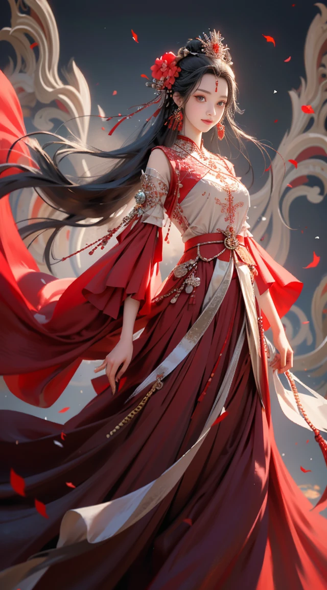 1 busty girl, Alone, Long gray hair, petals, falling flower petals, jewely, a skirt, hair adornments, Red dress, Chinese clothes, black hair color hair, bangle, longer sleeves, red eyes, woven, Forehead imprints, close your mouth, looking at viewert, Traces of smile on face,Nice face,exquisite facial features,